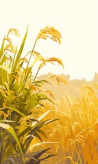  a Rice Paddy with Rice Ears in the Foreground, Simple and Clean Background with Empty Space on Top