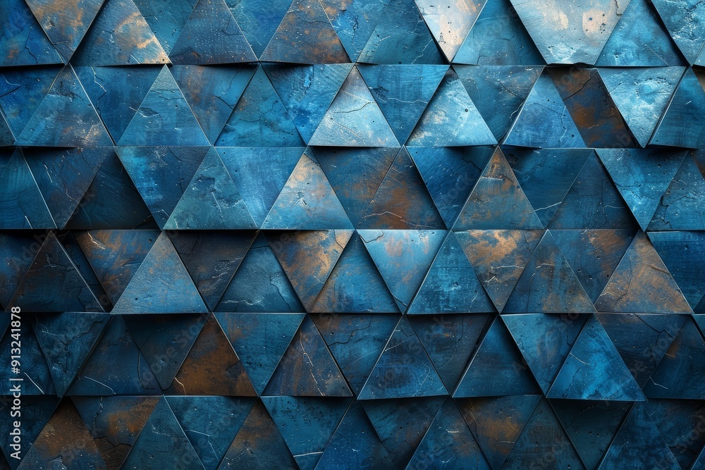 Poster blue triangular facets in a geometric pattern, creating a dynamic and modern background.