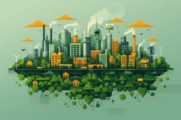 Urban Landscape With Greenery and Wind Turbines