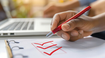 a hand holding a red pen, marking a check on the middle checkbox out of three. In the background, another person is using a laptop