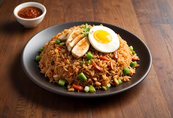 Close-up of fried rice nasi goreng with chicken slices, a fried egg, and green onions on a wooden table.

