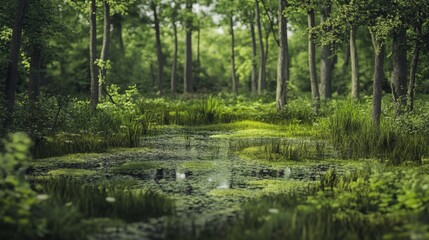 A serene wetland with vibrant greenery and dense trees, reflecting a peaceful atmosphere in the warm afternoon light.