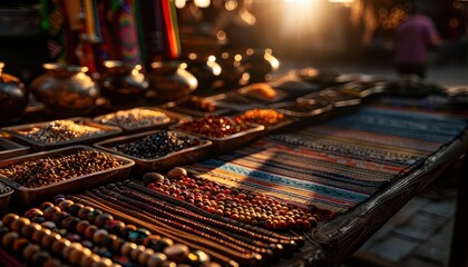 Handcrafted goods displayed at a local market, showcasing artisanal skills, Realism, Warm hues, Photography