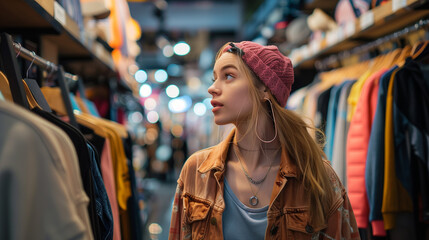 Obraz premium Young woman shopping in a clothing store, a young woman with long blonde hair wearing a striped beanie and glasses, standing in a clothing store aisle surrounded by various garments on racks