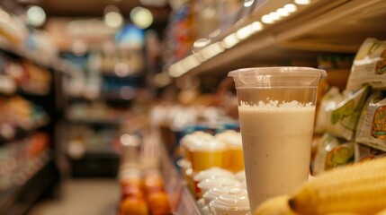 Fresh dairy product in a plastic cup at grocery store
