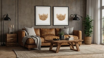 A living room with a brown couch, a coffee table, and a potted plant