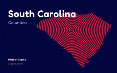 South Carolina Map in Spiral Formation: Columbia Takes Center Stage. Fingerprint and stripes pattern. American states maps
