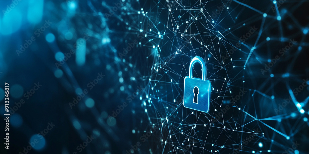 Poster digital security background with a blue padlock and network connections on a dark background, symbol