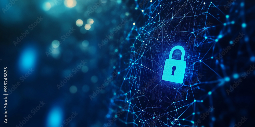 Poster a blue digital lock icon on the right side of an abstract network grid background, symbolizing secur