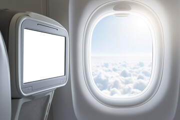View of entertainment screen on back of Airplane seat next to window, white and blank mock up