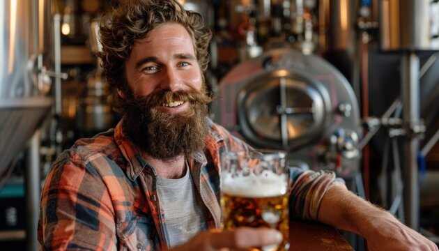 Portrait of a brewer holding a glass of beer and smiling in a microbrewery