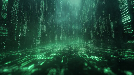 Fototapeta premium Green matrix backgroundDigital background with falling green matrix code on dark background with light effects, data security, cyber security or virtual reality.
