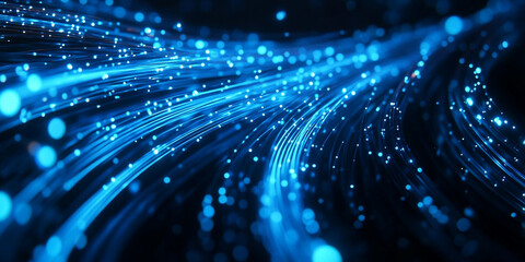 Blue, glowing data stream background with bokeh lights and fiber optic lines, a technology concept
