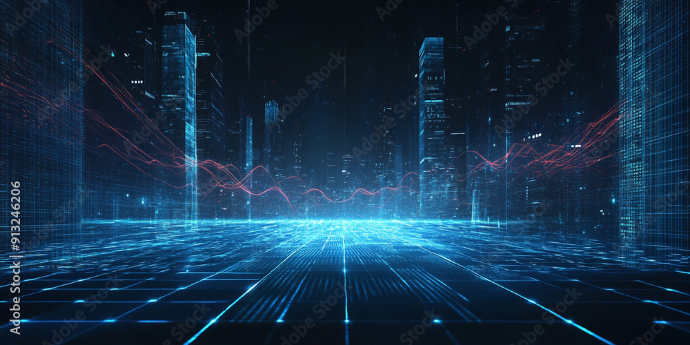 Poster digital technology background with a futuristic cityscape and glowing lines, representing advanced d