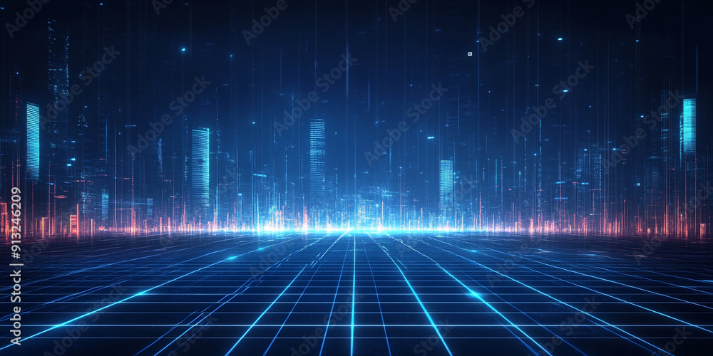 Poster digital technology background with blue glowing grid lines and light effects on a dark backdrop, rep