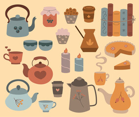 Autumn cosy set. Autumn, thanksgiving, warm moments. Clipart set for stickers, poster, banner, greeting card, flyer, invitation card, cover, template. Teapot cup books candles jam pie cakes coffee