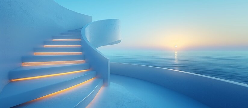 A winding staircase with glowing steps overlooks a serene ocean at sunset, symbolizing peacefulness and the journey toward enlightenment and tranquility