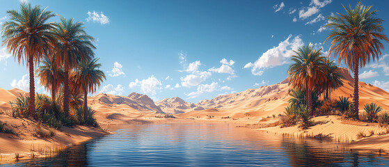 Desert oasis with a cluster of palm trees around a water source