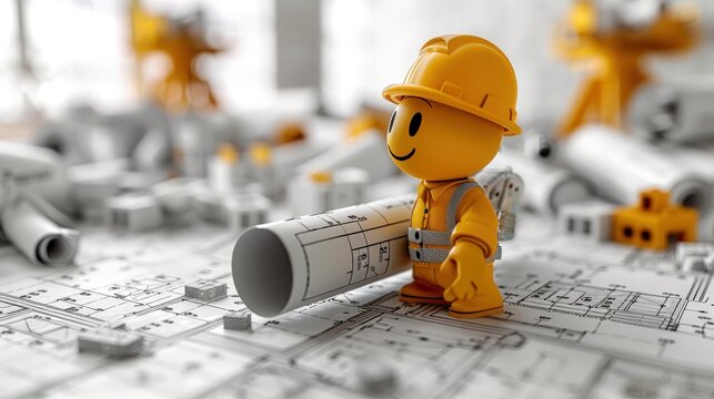 Clear 3D clipart of a construction worker with a blueprint, featured in a vibrant and dynamic setting with a white background, conveying a professional and focused attitude