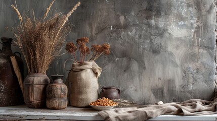 Rustic arrangement of dried plants and grains