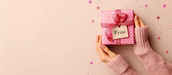 A close-up of hands presenting a colorful, wrapped gift labeled Free representing kindness, generosity, joyful occasions, and the act of giving and sharing