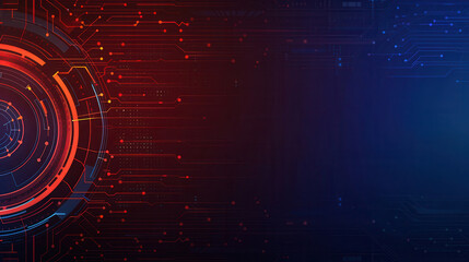 Obraz premium Abstract technology background featuring vibrant red and blue digital patterns with circular design elements and data circuitry.