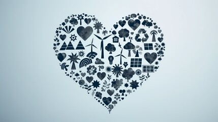 A heart-shaped arrangement of eco icons symbolizing sustainability, renewable energy, and environmental conservation through a creative and symbolic design