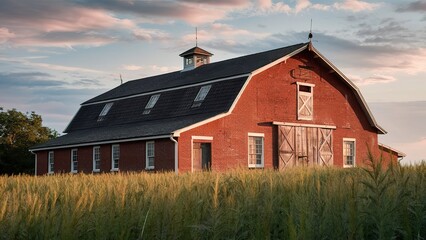 A red barn with a large door and a clock on the roof