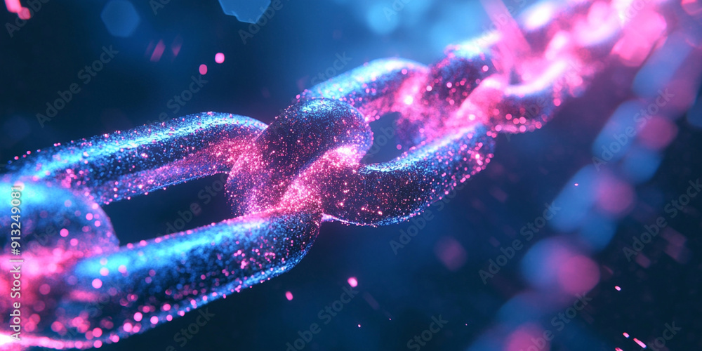Poster a digital chain with pink and blue glowing particles, symbolizing the strength of blockchain technol