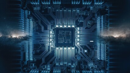 Fototapeta premium A computer chip is shown in a blue and white color scheme
