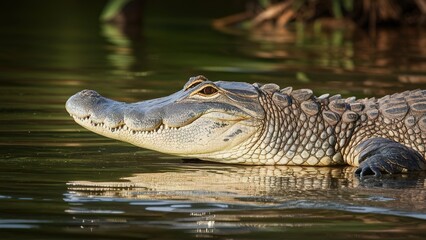 Obraz premium A large alligator is swimming in a body of water