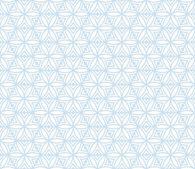 Subtle vector geometric seamless pattern with floral silhouettes, leaves, hexagonal grid, curved lines. Light blue and white abstract texture. Elegant ornamental background. Repeatable geo design