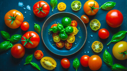 tomatoes of various colors on a blue plate and table