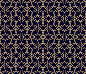 Abstract golden geometric seamless pattern in Islamic style. Vector ornamental linear texture, floral lattice, mesh. Traditional oriental background. Luxury gold and black ornament, repeating design