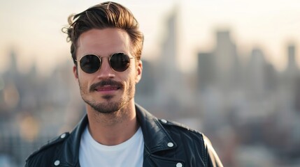Urban Edge - Stylish Man in Leather Jacket with City Backdrop, Embracing Edgy Fashion Trend