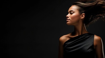 Naklejka premium Elegant Luxury Fashion: Stylish Woman in Silk Dress on Black Background