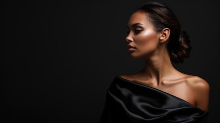 Naklejka premium Elegant Woman in Silk Dress Exuding Luxury against Plain Black Background