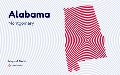 Alabama Map in Spiral Formation: Montgomery Takes Center Stage. Fingerprint and stripes pattern. American states maps