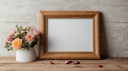 A white frame with a vase of pink flowers sits on a wooden table