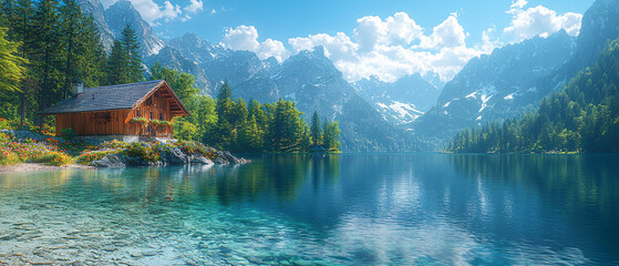 Naklejka premium Breathtaking snowy mountain range with a crystal clear alpine lake in the foreground
