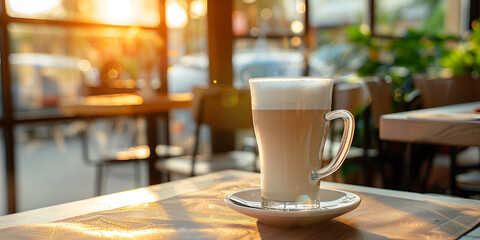 Cappuccino cup with coffee art on the table of European street cafe at sunset
