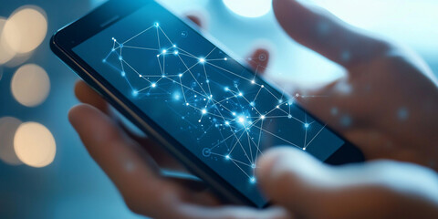 A close-up of hands holding a phone with the screen displaying glowing digital connections, symbolizing global connectivity and social media communication