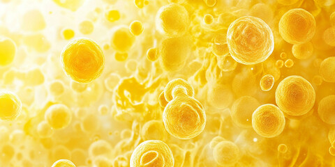 A close-up view of spherical yellow microorganisms or cells floating in a neutral background, illuminated by soft light