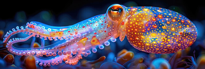  Close-Up Macro Shot of a bioluminescent Squid for Marine Photography, Ocean Conservation, Underwater Exploration, Desktop Wallpaper background.
