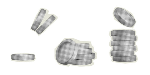 Set of coins paper sticker. 3D black white coins pile for halftone collages. Isolated vector elements, finance and banking symbol in retro y2k style