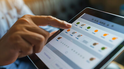 a close-up of a hand interacting with a digital tablet displaying a survey form. The form includes multiple choice options and checkboxes, suggesting it&rsquo;s designed to collect responses or feedback
