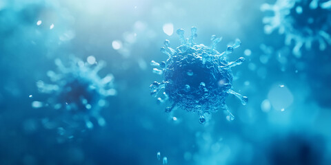 Blue background with a blurred microscopic perspective of a blue virus