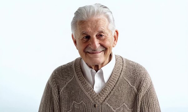 Group portrait of a Russian man in his 80s in a white background wearing a chic cardigan