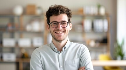 Fototapeta premium Confident Young Businessman Smiling in Modern Office with Copy Space