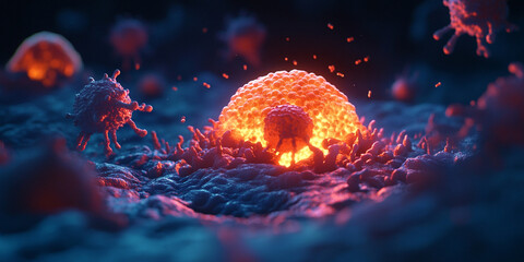 A glowing cell is surrounded by other cells, depicting the process of cancer spreading through medical animation